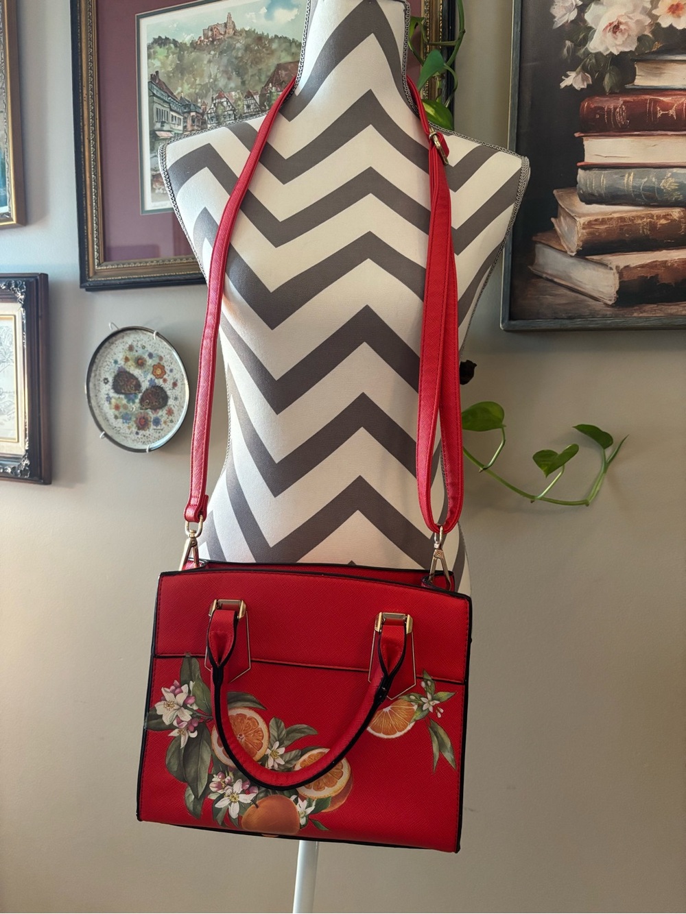 *HANDMADE!* One of a Kind Red Floral Orchard Tote Shoulder Bag 🍊🤍